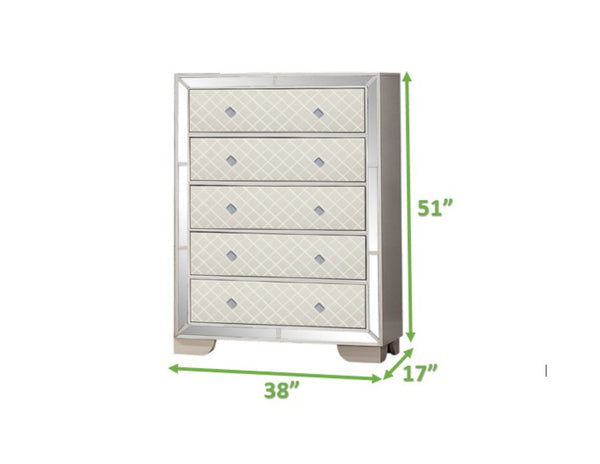 English Elm Madison Glam Upholstery Chest with Mirrored Trim and Spacious Drawers — Beige Elegance for Bedroom 808857573247