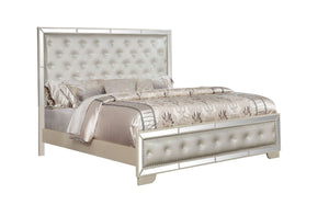 English Elm King Tufted Upholstery Bed with Jeweled Buttons, Mirrored Panels & Shiny Beige Finish for Luxe Comfort 808857902207