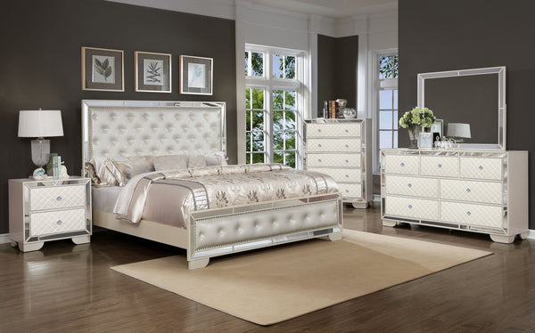 English Elm King Tufted Upholstery Bed with Jeweled Buttons, Mirrored Panels & Shiny Beige Finish for Luxe Comfort 808857902207