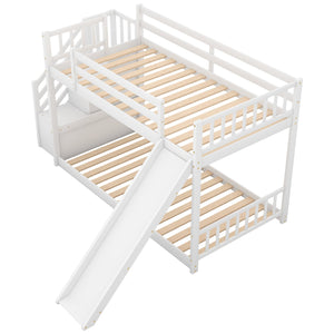 English Elm Twin Convertible Bunk Bed with Slide and Stairway, Space-Saving Pine Wood Design with Storage Shelves White SM000207AAK-1