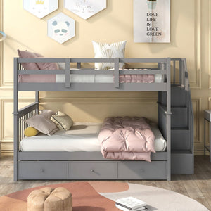 English Elm Stairway Full Over Bunk Bed with Built in Stair Storage and Safety Guard Rail Gray LT100310AAE-1