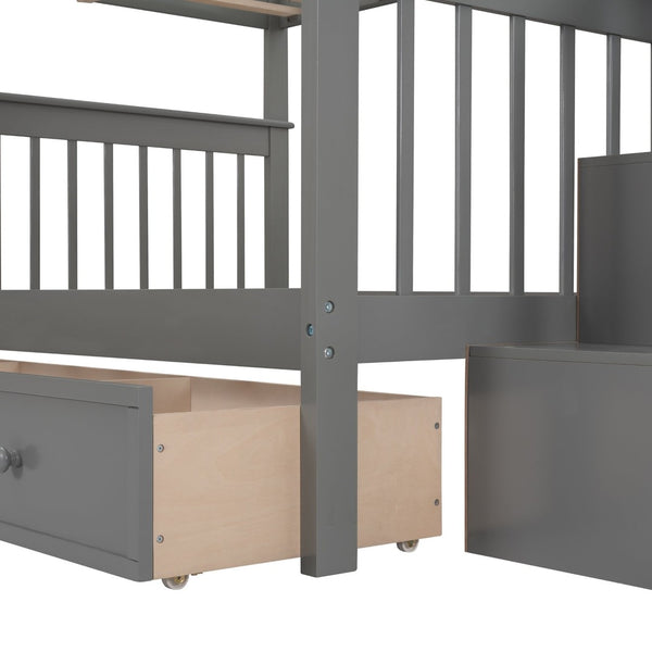 English Elm Stairway Full Over Bunk Bed with Built in Stair Storage and Safety Guard Rail Gray LT100310AAE-1