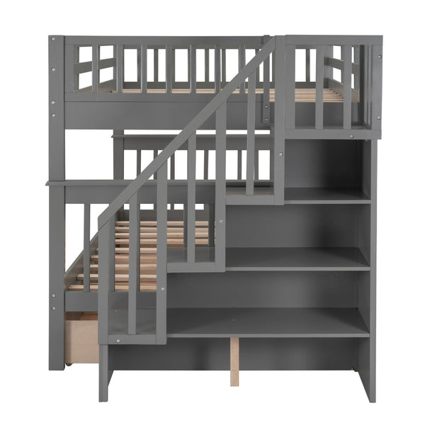 English Elm Stairway Full Over Bunk Bed with Built in Stair Storage and Safety Guard Rail Gray LT100310AAE-1