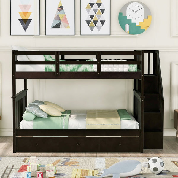 English Elm Stairway Full Over Bunk Bed with Built in Stair Storage and Safety Guard Rail Espresso LT100310AAP-1