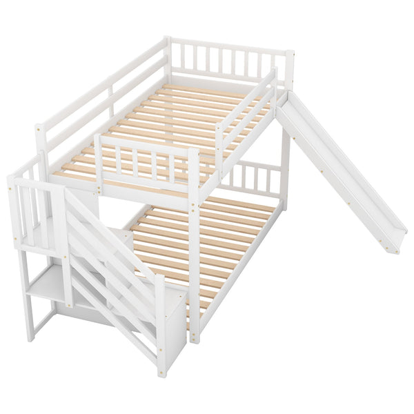 English Elm Twin Convertible Bunk Bed with Slide and Stairway, Space-Saving Pine Wood Design with Storage Shelves White SM000207AAK-1