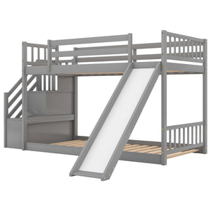English Elm Twin Convertible Bunk Bed with Slide and Stairway, Space-Saving Pine Wood Design with Storage Shelves Gray SM000207AAE-1