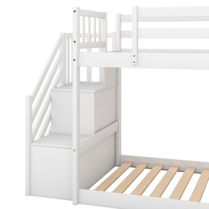 English Elm Twin Convertible Bunk Bed with Slide and Stairway, Space-Saving Pine Wood Design with Storage Shelves White SM000207AAK-1