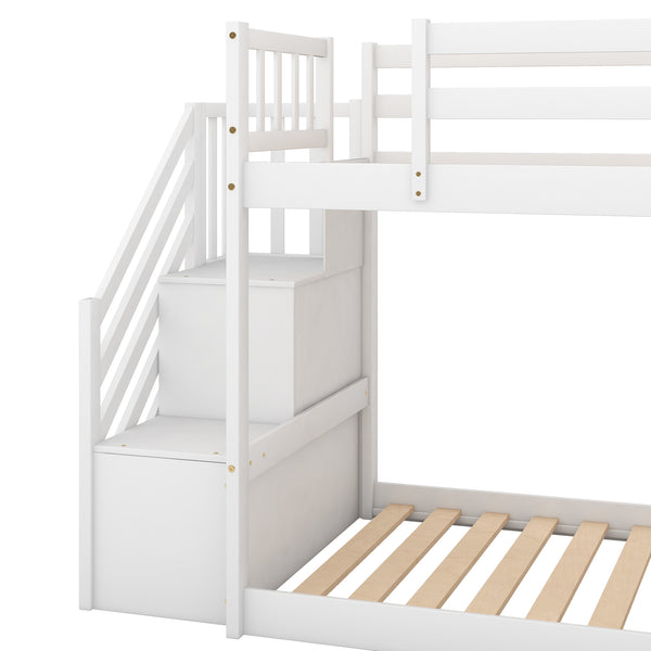 English Elm Twin Convertible Bunk Bed with Slide and Stairway, Space-Saving Pine Wood Design with Storage Shelves White SM000207AAK-1