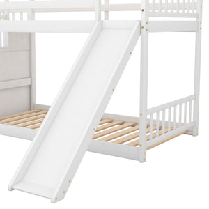 English Elm Twin Convertible Bunk Bed with Slide and Stairway, Space-Saving Pine Wood Design with Storage Shelves White SM000207AAK-1
