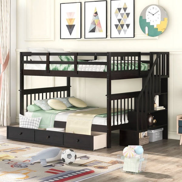 English Elm Stairway Full Over Bunk Bed with Built in Stair Storage and Safety Guard Rail Espresso LT100310AAP-1
