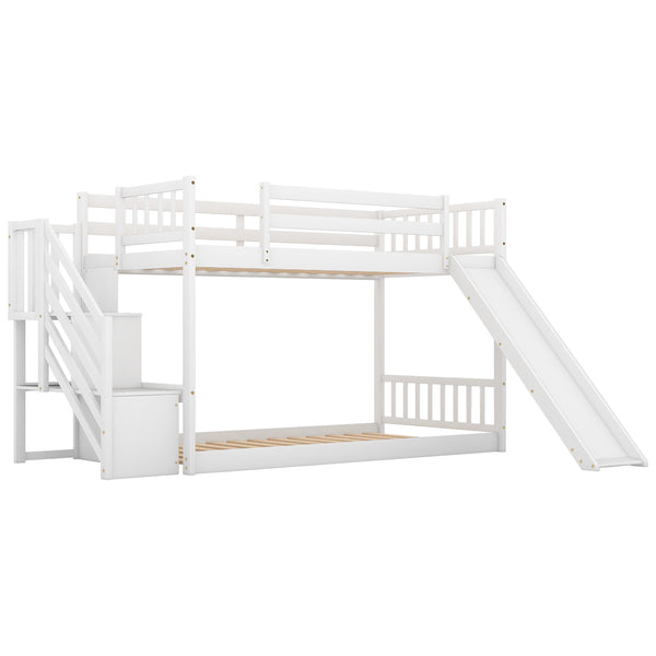 English Elm Twin Convertible Bunk Bed with Slide and Stairway, Space-Saving Pine Wood Design with Storage Shelves White SM000207AAK-1