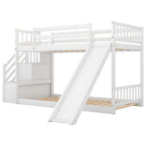 English Elm Twin Convertible Bunk Bed with Slide and Stairway, Space-Saving Pine Wood Design with Storage Shelves White SM000207AAK-1