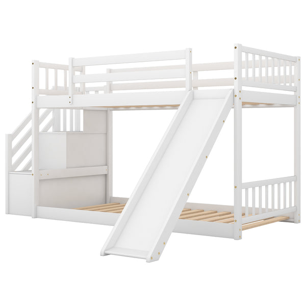 English Elm Twin Convertible Bunk Bed with Slide and Stairway, Space-Saving Pine Wood Design with Storage Shelves White SM000207AAK-1