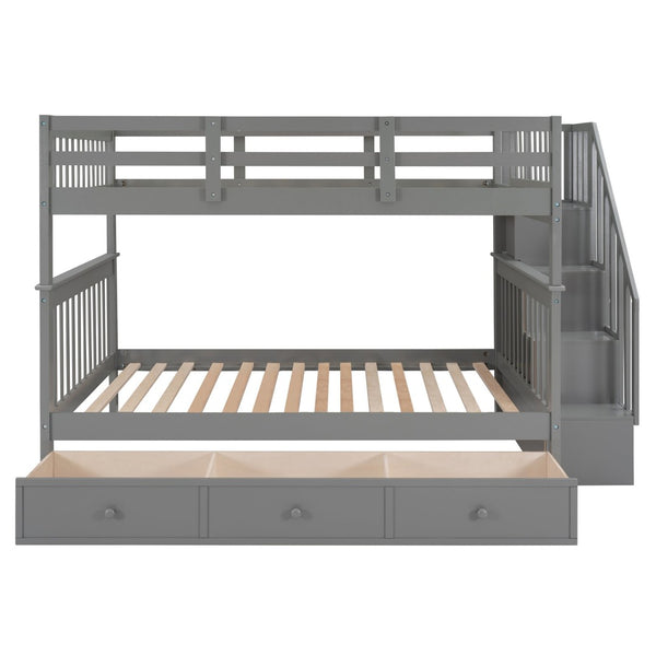 English Elm Stairway Full Over Bunk Bed with Built in Stair Storage and Safety Guard Rail Gray LT100310AAE-1