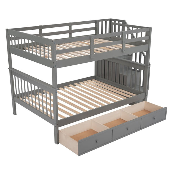 English Elm Stairway Full Over Bunk Bed with Built in Stair Storage and Safety Guard Rail Gray LT100310AAE-1