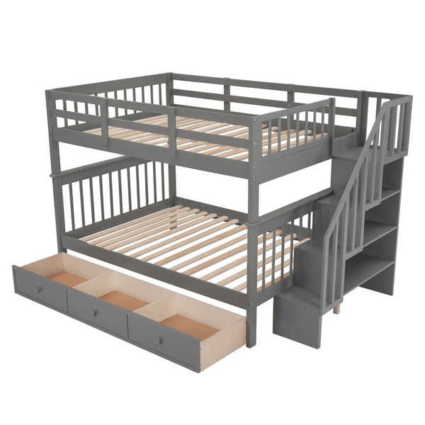 English Elm Stairway Full Over Bunk Bed with Built in Stair Storage and Safety Guard Rail Gray LT100310AAE-1