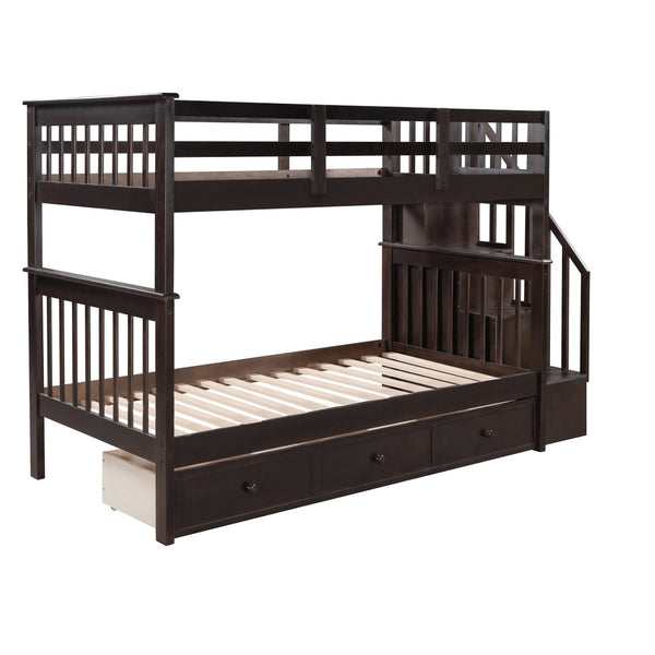 English Elm Stairway Twin Over Bunk Bed with Stair Storage for Kids Bedroom Espresso LT000309AAP