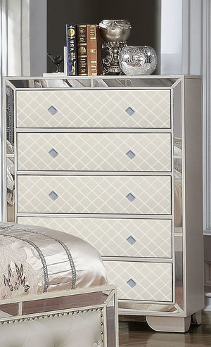 English Elm Madison Glam Upholstery Chest with Mirrored Trim and Spacious Drawers — Beige Elegance for Bedroom 808857573247