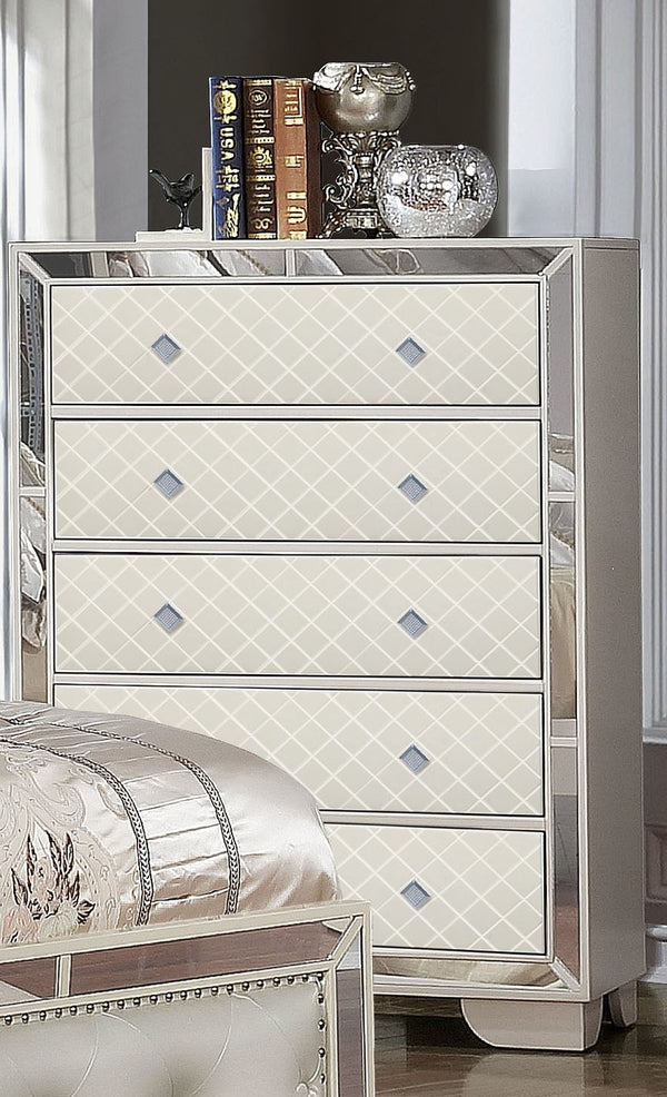 English Elm Madison Glam Upholstery Chest with Mirrored Trim and Spacious Drawers — Beige Elegance for Bedroom 808857573247
