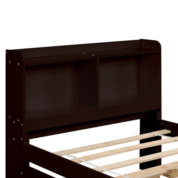 English Elm Twin Bed With Trundle & Bookcase Headboard - Space-Saving Espresso Frame For Kids & Guests W50440497-GIGA