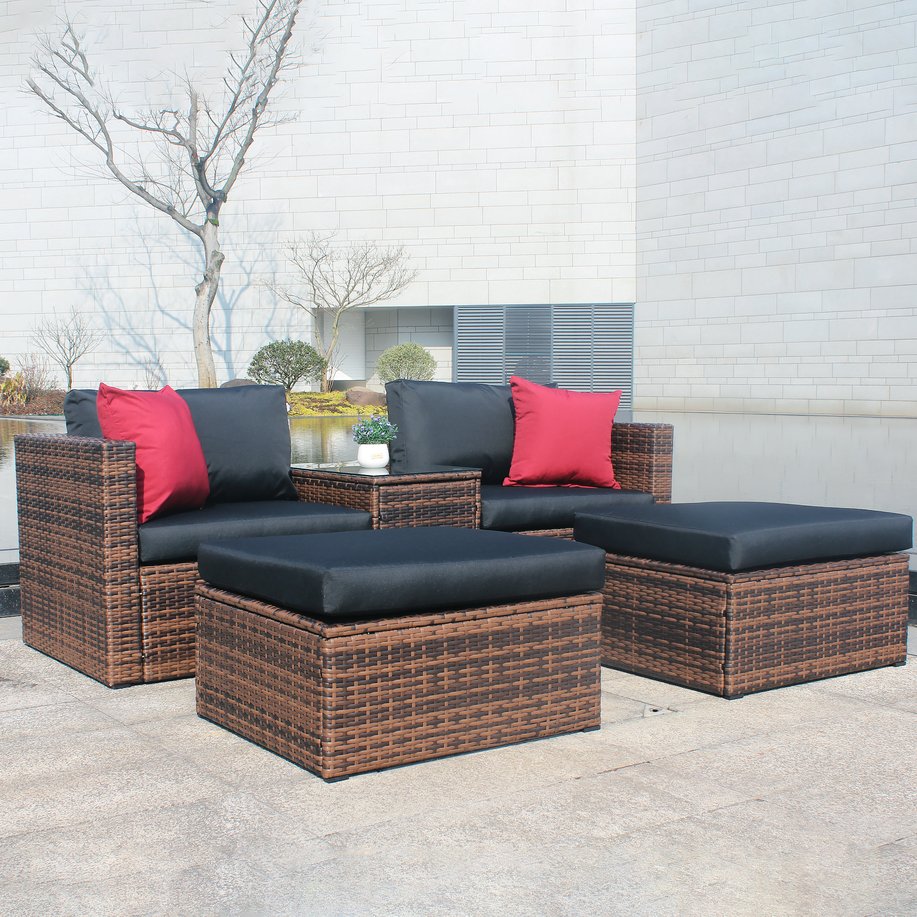English Elm Updated 5 Pieces Outdoor Brown Wicker Sectional Sofa Set with Black Cushions, Red Pillows & Cover — Rust-Resistant Steel Frame, 8” Plush Back Support W400S00037