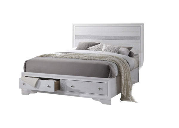 English Elm Traditional King Size Storage Bed in White Wood Finish with Ornate Headboard & Dual Drawers for Extra Space 808857627766