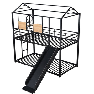 English Elm Twin Over Steel Bunk Bed Playhouse Frame with Slide and Built in Side Shelf MF291674AAB