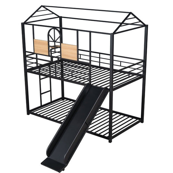 English Elm Twin Over Steel Bunk Bed Playhouse Frame with Slide and Built in Side Shelf MF291674AAB