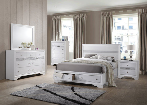 English Elm Matrix Five-Drawer Chest White - Elegant Wood Storage with Silver Knob Pulls, Lamp Top & Charging Space 808857990747