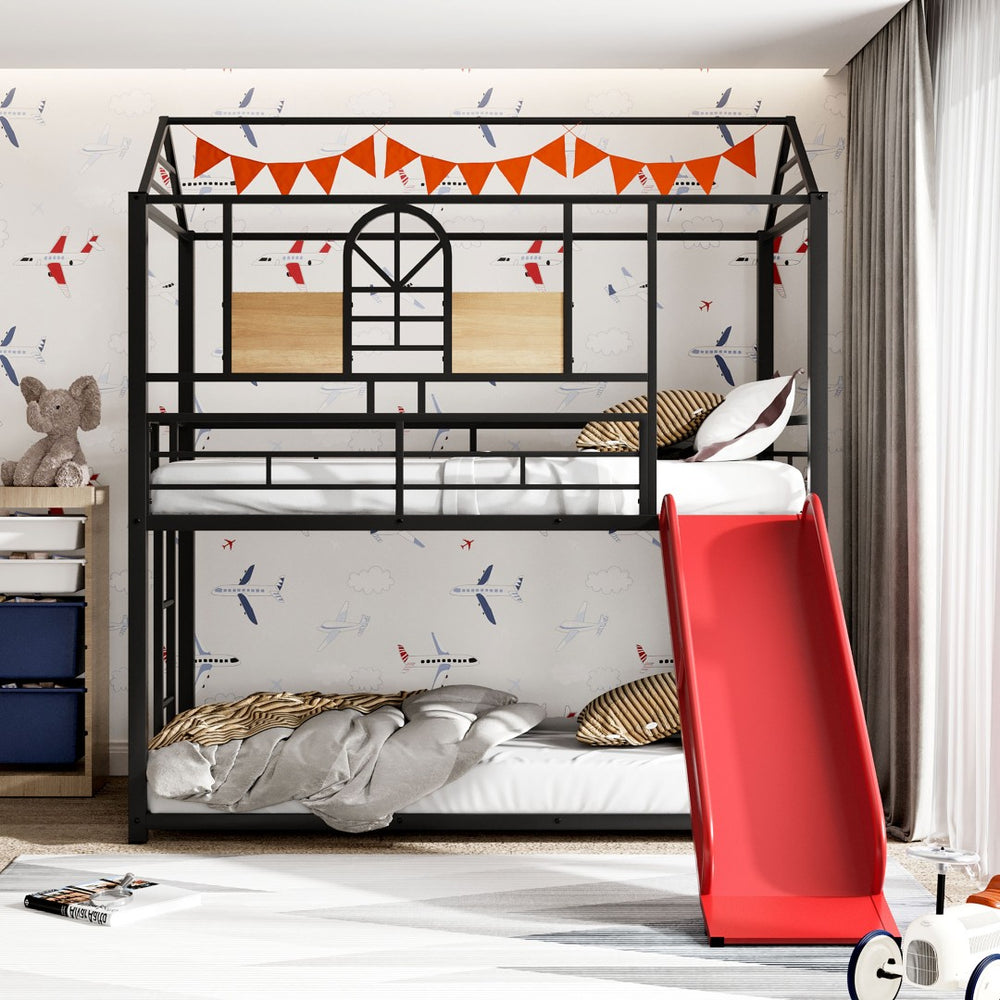 English Elm Twin Over Steel Bunk Bed Playhouse Frame with Slide and Built in Side Shelf MF291674AAJ