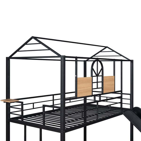 English Elm Twin Over Steel Bunk Bed Playhouse Frame with Slide and Built in Side Shelf MF291674AAB