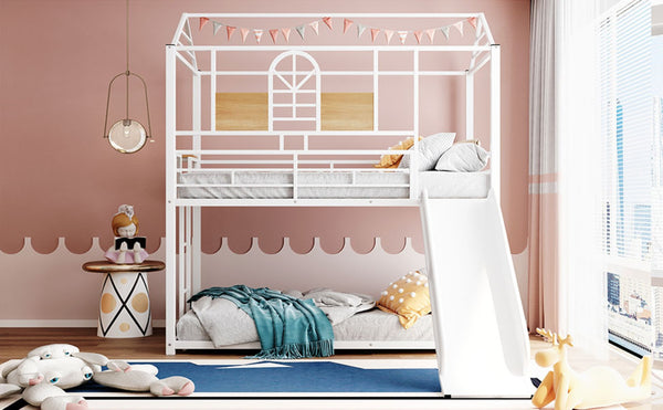 English Elm Twin Over Steel Bunk Bed with Slide Playhouse Design for Kids Bedroom LT000095AAK-1