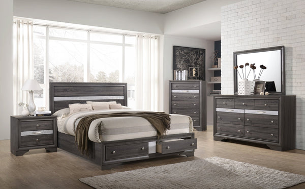 English Elm Traditional King Size Storage Bed in Gray Wood Finish with Crafted Headboard & Dual Drawers for Durable Style and Practicality 808857710604