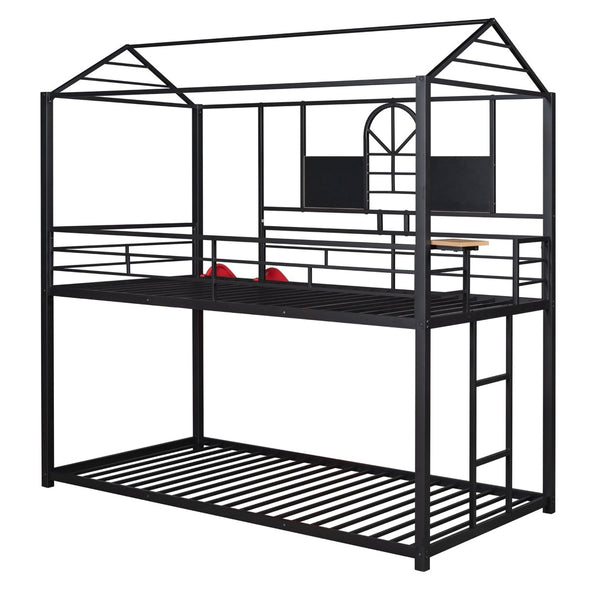 English Elm Twin Over Steel Bunk Bed Playhouse Frame with Slide and Built in Side Shelf MF291674AAJ