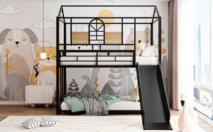 English Elm Twin Over Steel Bunk Bed Playhouse Frame with Slide and Built in Side Shelf MF291674AAB