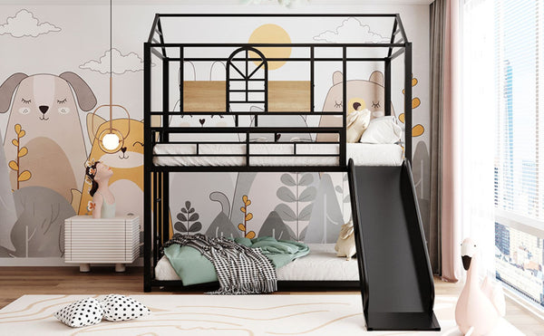 English Elm Twin Over Steel Bunk Bed Playhouse Frame with Slide and Built in Side Shelf MF291674AAB