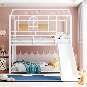 English Elm Twin Over Steel Bunk Bed with Slide Playhouse Design for Kids Bedroom LT000095AAK-1