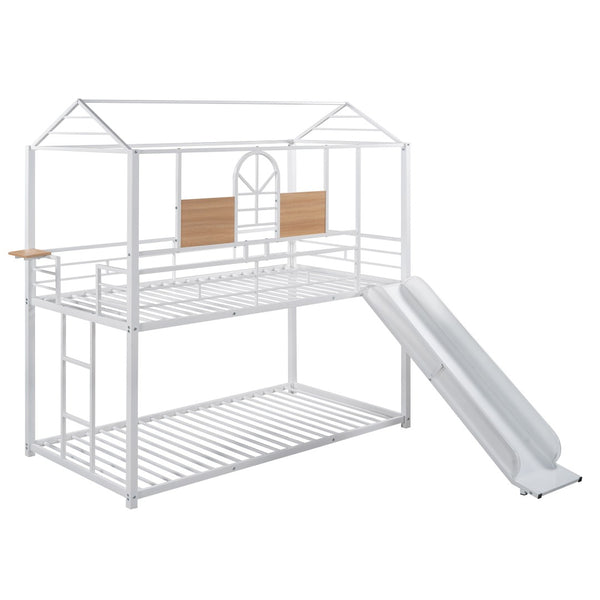 English Elm Twin Over Steel Bunk Bed with Slide Playhouse Design for Kids Bedroom LT000095AAK-1