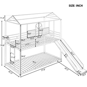 English Elm Twin Over Steel Bunk Bed Playhouse Frame with Slide and Built in Side Shelf MF291674AAB