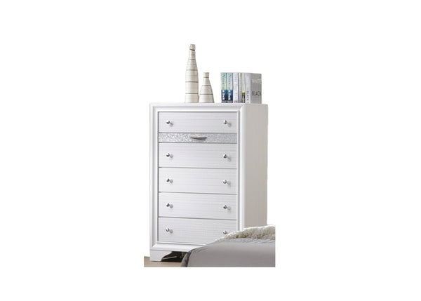 English Elm Matrix Five-Drawer Chest White - Elegant Wood Storage with Silver Knob Pulls, Lamp Top & Charging Space 808857990747