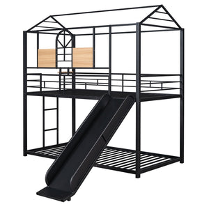 English Elm Twin Over Steel Bunk Bed Playhouse Frame with Slide and Built in Side Shelf MF291674AAB