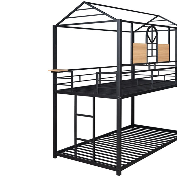 English Elm Twin Over Steel Bunk Bed Playhouse Frame with Slide and Built in Side Shelf MF291674AAB