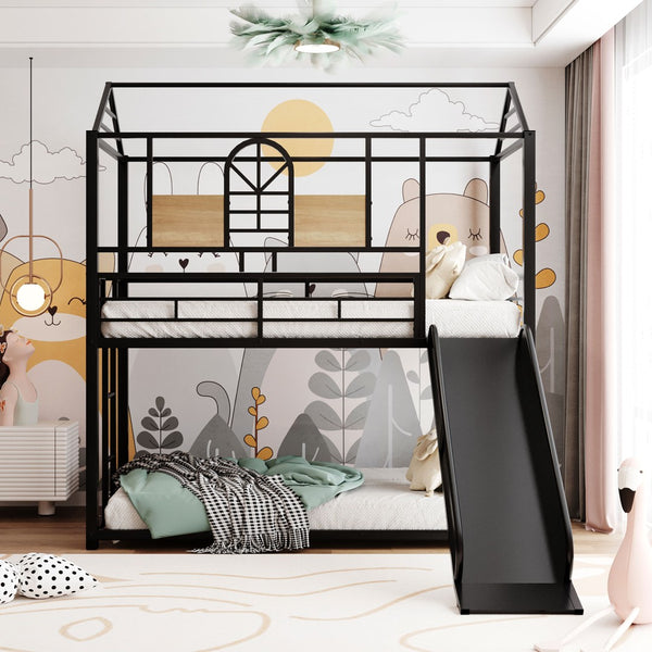 English Elm Twin Over Steel Bunk Bed Playhouse Frame with Slide and Built in Side Shelf MF291674AAB