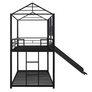 English Elm Twin Over Steel Bunk Bed Playhouse Frame with Slide and Built in Side Shelf MF291674AAB