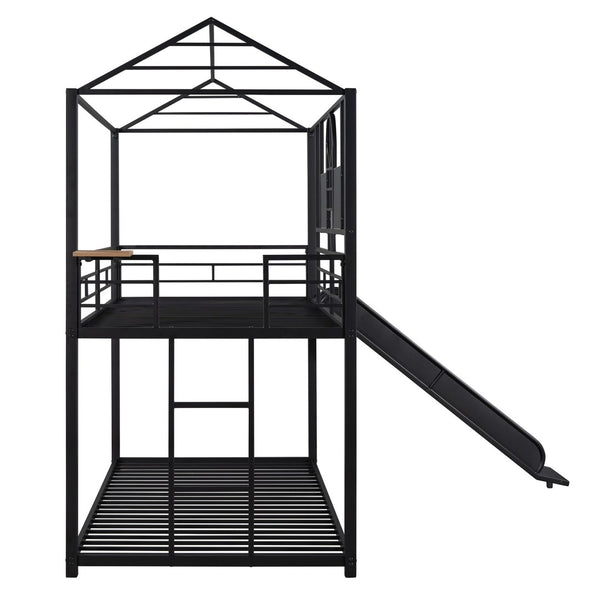 English Elm Twin Over Steel Bunk Bed Playhouse Frame with Slide and Built in Side Shelf MF291674AAB