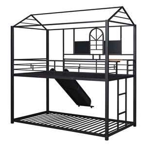 English Elm Twin Over Steel Bunk Bed Playhouse Frame with Slide and Built in Side Shelf MF291674AAB