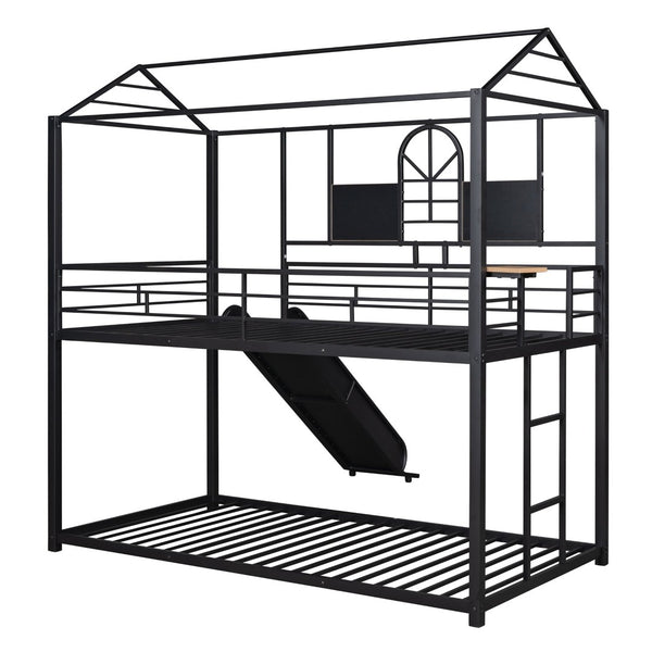 English Elm Twin Over Steel Bunk Bed Playhouse Frame with Slide and Built in Side Shelf MF291674AAB