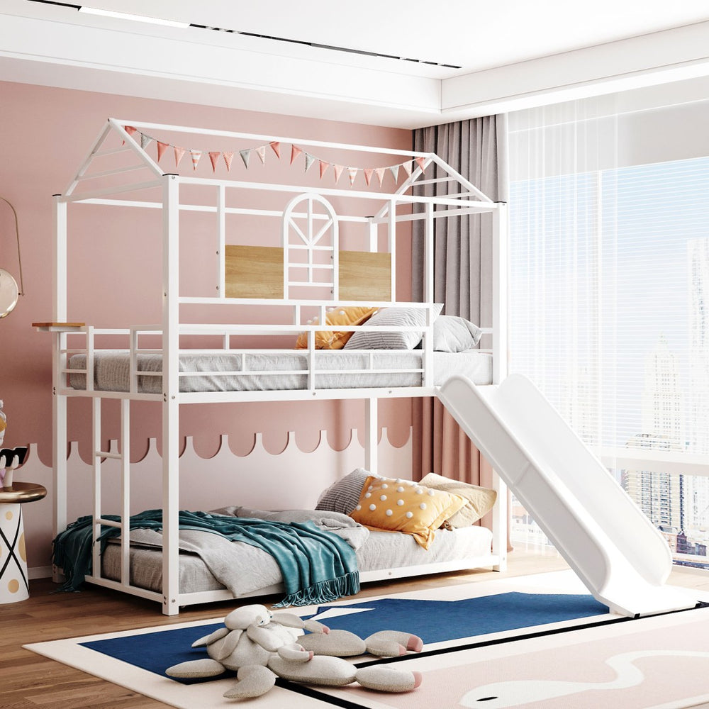 English Elm Twin Over Steel Bunk Bed with Slide Playhouse Design for Kids Bedroom LT000095AAK-1