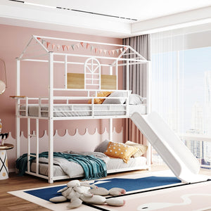 English Elm Twin Over Steel Bunk Bed with Slide Playhouse Design for Kids Bedroom LT000095AAK-1