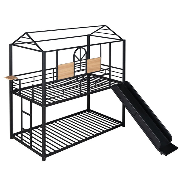English Elm Twin Over Steel Bunk Bed Playhouse Frame with Slide and Built in Side Shelf MF291674AAB